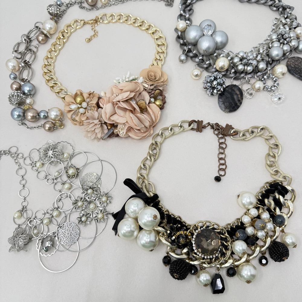 Chunky Beaded Necklace Lot 5 Pieces Statement Bib Flowers Fauxโ Pearls